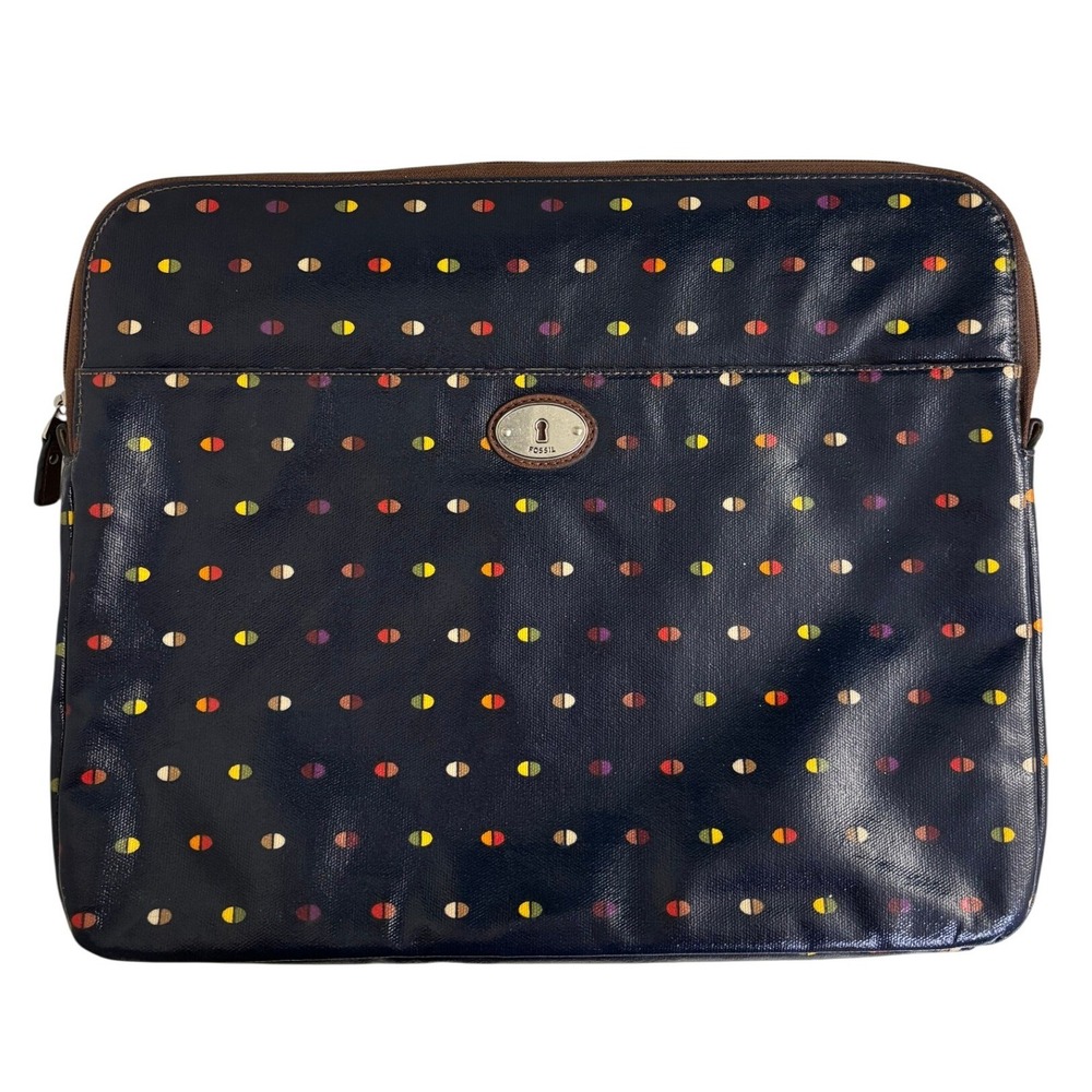 Large Fossil Key-Per Laptop Sleeve Navy Blue Polka Dot Coated Canvas Case 12x15